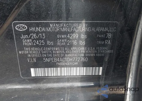 2013 Hyundai Sonata Gls from USA, damaged, VIN 5NPEB4AC1DH772760
